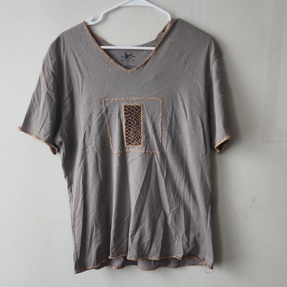 Men's Casual Gray V-Neck Tee with Brown Accents. Without Tag